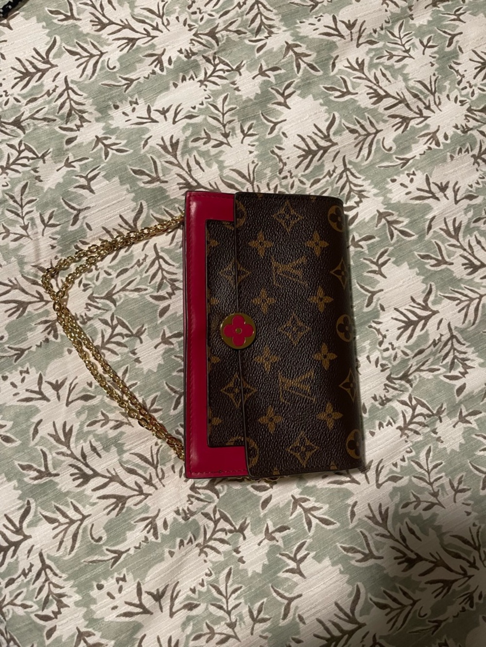 Brown Monogram Crossbody with Pink Trim and Gold Chain